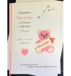Baby Girl Personalised Card Pink Bear