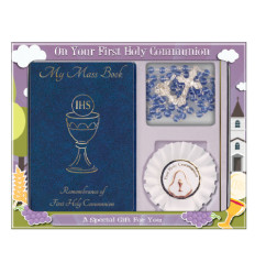 First Communion Boy Gift Set Blue Book With Rosette & Beads