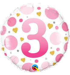Birthday Foil Balloon PINK DOTS AGE 3 - 18 inch