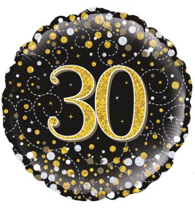 Black & Gold Holographic Sparkling Fizz 30th Birthday Foil Balloon - 18 inch